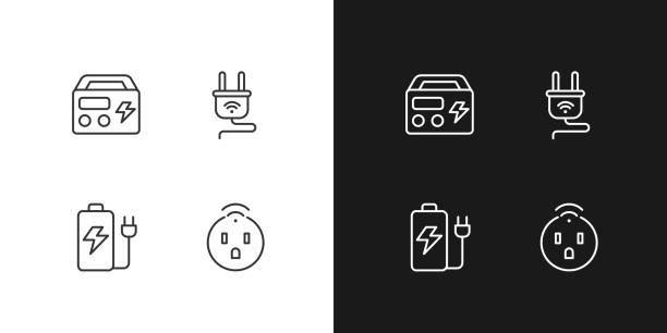 Electric devices pixel perfect linear icons set for dark, light mode Electric devices pixel perfect linear icons set for dark, light mode. Smart socket, plug. Portable generator, battery. Thin line symbols for night, day theme. Isolated illustrations. Editable stroke electric plug dark stock illustrations