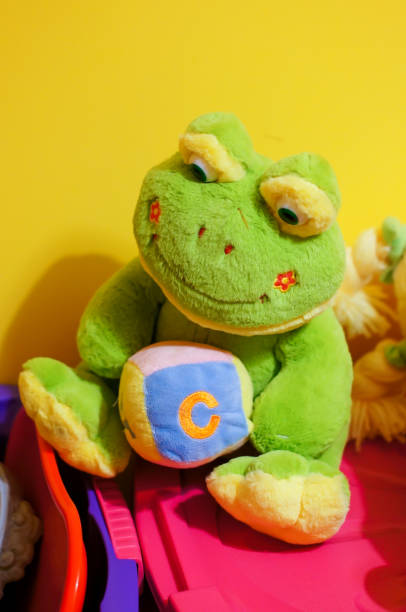 istock Vertical closeup of a frog plush animal on a container 1454346939