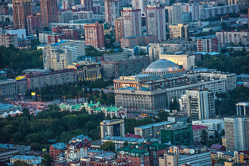 An aerial view of buildings in the city of Novosibirsk, Russia