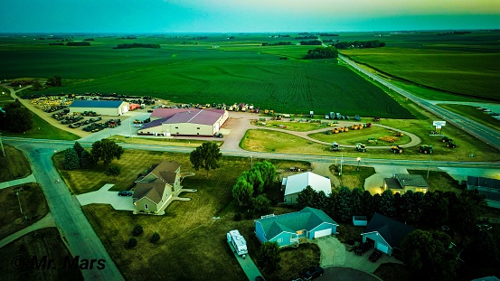 An aerial view of a small farming town
