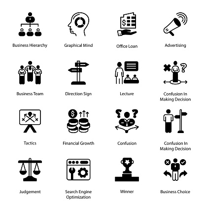 Business Hierarchy, Graphical Mind, Office Loan, Advertising, Tactics, Financial Growth, Confusion, Confusion In Making Decision, Winner, Business Choice, Business Team, Glyph Icons - Solid, Vectors