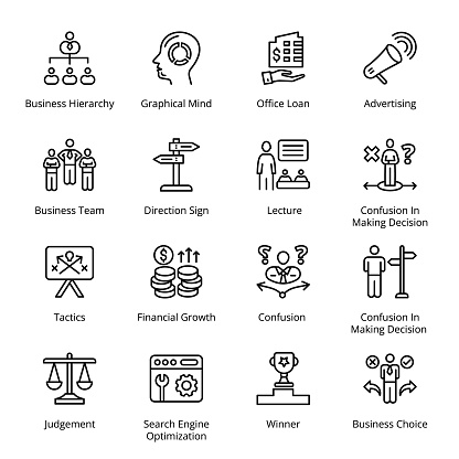 Business Hierarchy, Graphical Mind, Office Loan, Advertising, Tactics, Financial Growth, Confusion, Confusion In Making Decision, Winner, Business Choice, Business Team, Outline Icons - Stroked, Vectors