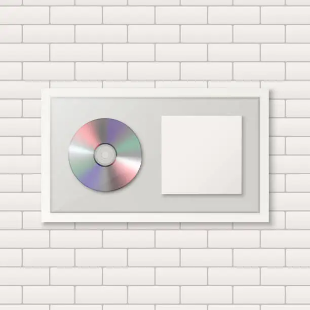 Vector illustration of Realistic Vector 3d CD, Label with White CD Cover Frame on White Brick Wall Background. Single Album Compact Disc Award, Limited Edition. CD Design Template