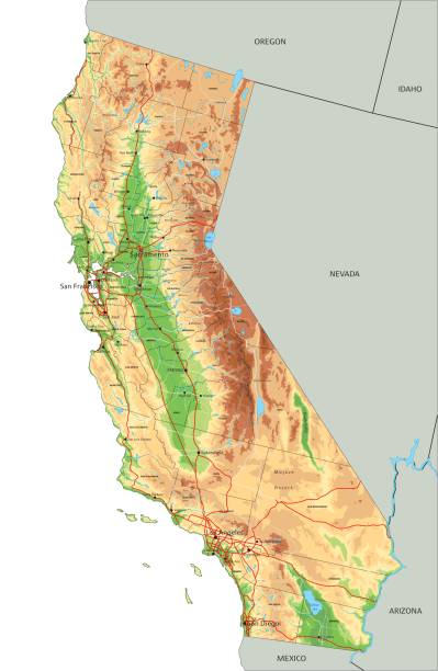 illustrazioni stock, clip art, cartoni animati e icone di tendenza di mappa fisica della california altamente dettagliata con etichettatura. - map san francisco bay area san francisco county california