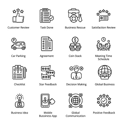 Customer Review, Task Done, Business Rescue, Satisfaction Review, Checklist, Star Feedback, Decision Making, Global Business, Global Communication,  Outline Icons - Stroked, Vectors