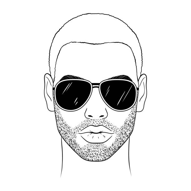 Sketch of young man Sketch of young man in black glasses on white background. stubble stock illustrations