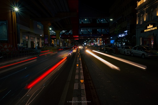 Bangalore, India – August 31, 2019: A long exposure shot of traffic lights on the higway at night in Bangalore, India