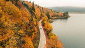 aerial view of white car on road through colorful autumn forest, aerial view of country road in autumn forest, forested road passing by a mountain lake, forest road and lakeside in autumn colors, autumn background road and lake, Lake Abant Nature Park
