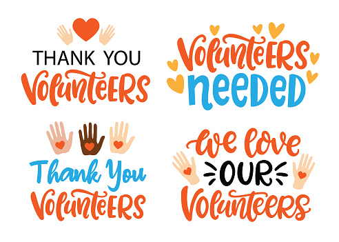 Volunteers Needed. Thank you. Vector Hand Written Lettering Background set. Volunteering service sign. Modern calligraphy, isolated on white