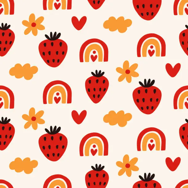 Vector illustration of Cute Groovy Seamless pattern with strawberries, rainbows and daisy flowers