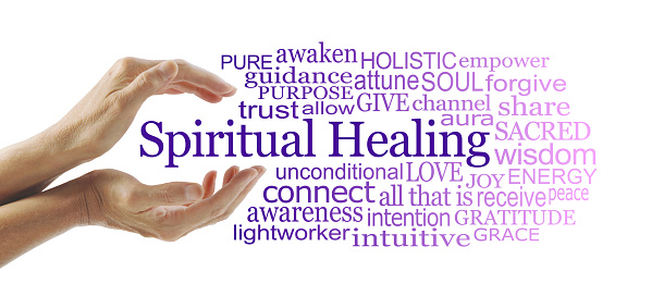 female healer with gently cupped hands surrounded by a purple graduated word cloud isolated on a white background