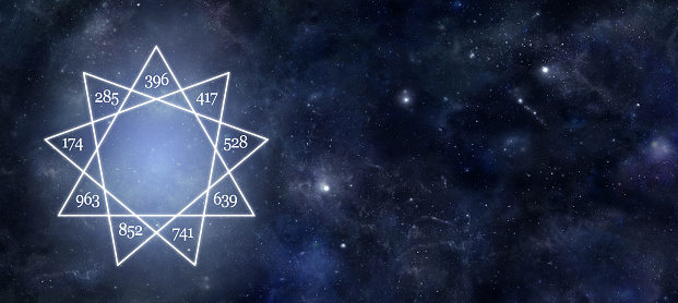 dark blue deep space background with a 9 point star containing the nine solfeggio frequencies and copy space for messages