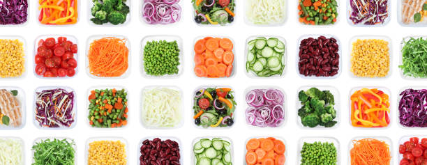 istock Many containers with different fresh food on white background, top view. Collage 1454358364