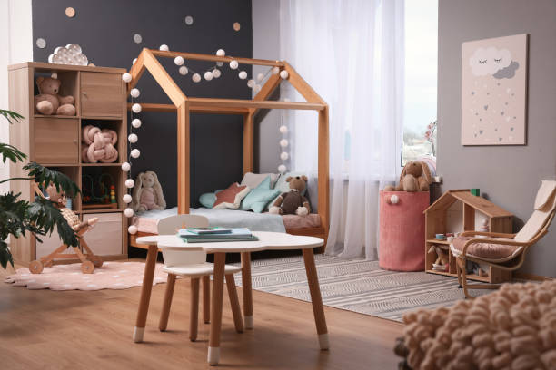 istock Comfortable house bed in child room. Stylish interior 1454358401