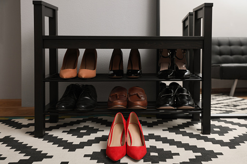 Stylish red female shoes near shelving unit in hall