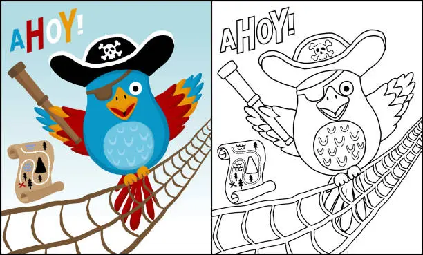 Vector illustration of Cartoon of funny parrot in pirate costume holding binocular, pirate elements cartoon, coloring book or page