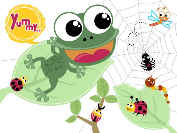 Vector illustration of Vector illustration of funny frog cartoon with bugs on leaves