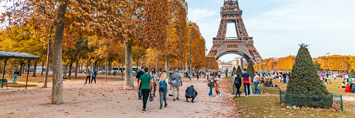 Eiffel Tower and Champ de Mars park on an autumn day Paris, France