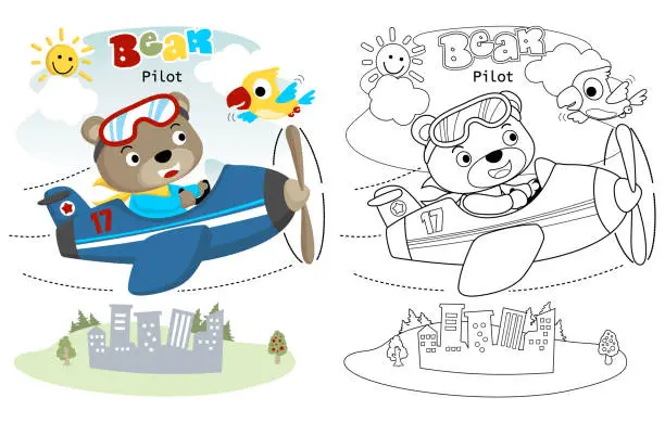 Vector illustration of vector illustration of pilot bear on airplane with little bird, coloring book or page