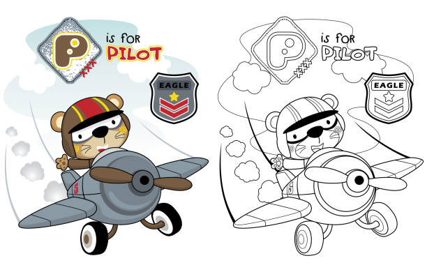 vektorillustration eines lustigen piloten im flugzeug, malbuch oder seite - air force fighter plane pilot military stock-grafiken, -clipart, -cartoons und -symbole