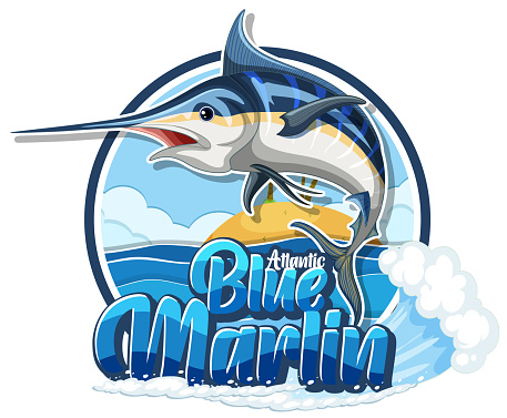 Blue marlin fish logo with carton character illustration