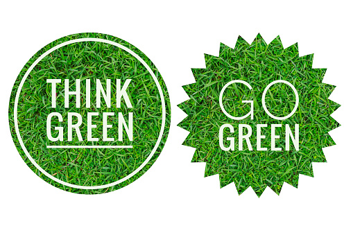 Think green and go green logo with green grass pattern on white background, ecological concept