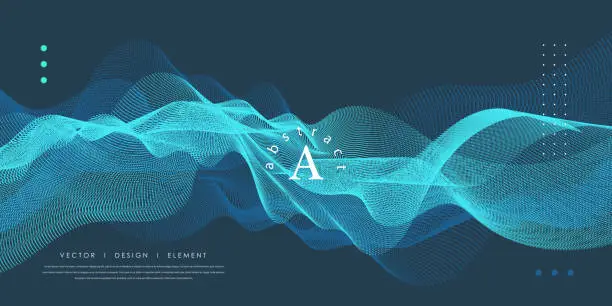 Vector illustration of Dynamic particles sound wave flowing over dark. Blurred lights vector abstract background.