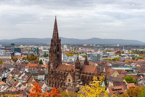 A beautiful aerial view of the Freiburg Minster, Germany
Cathedral with city buildings with cloudy sky