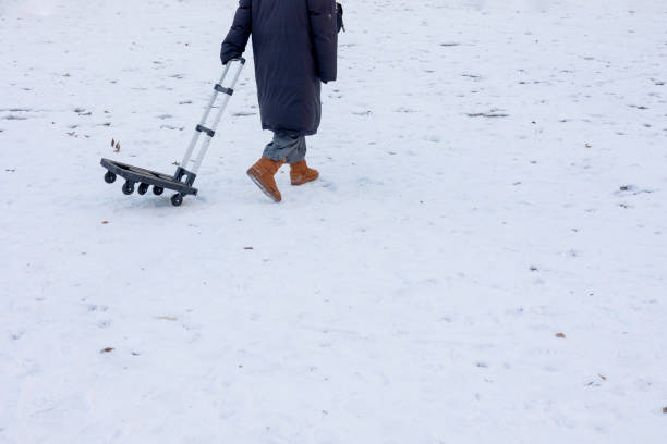 istock Woman is dragging a cart on the snow 1454368577