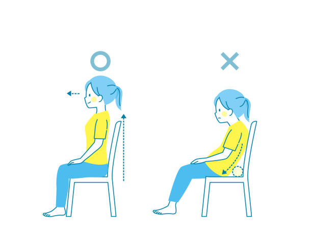 illustrazioni stock, clip art, cartoni animati e icone di tendenza di confronto tra buona e cattiva postura di una donna seduta su una sedia - torso physical therapy patient relaxation exercise