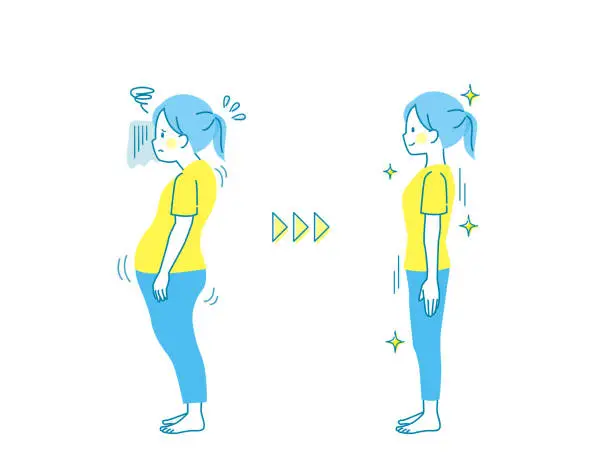Vector illustration of Comparison of right and bad posture in young women
