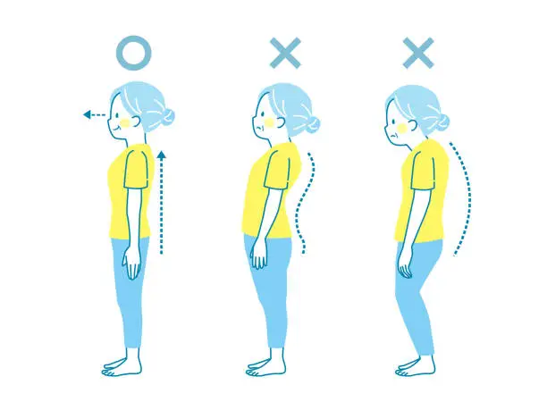 Vector illustration of Examples of good and bad posture of senior women