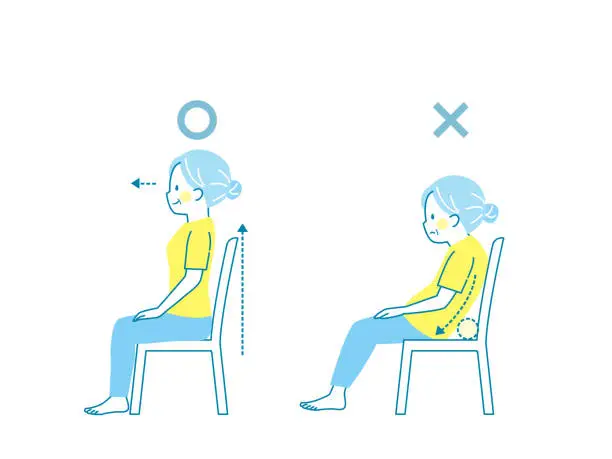 Vector illustration of Comparison of good and bad posture of a senior woman sitting on a chair