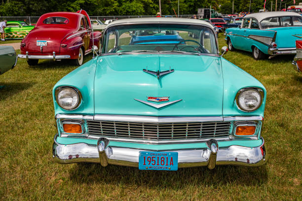 Iola, WI - July 07, 2022: High perspective front view of a 1956 Chevrolet BelAir Hardtop Coupe at a local car show.