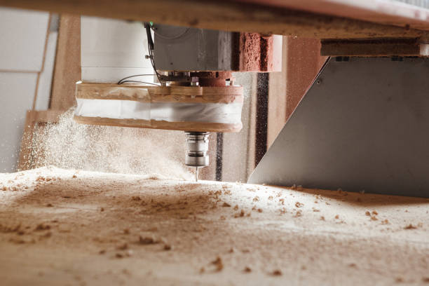istock Machine tool in wood factory with drilling cnc machines. Computer numerical control. 1454370477