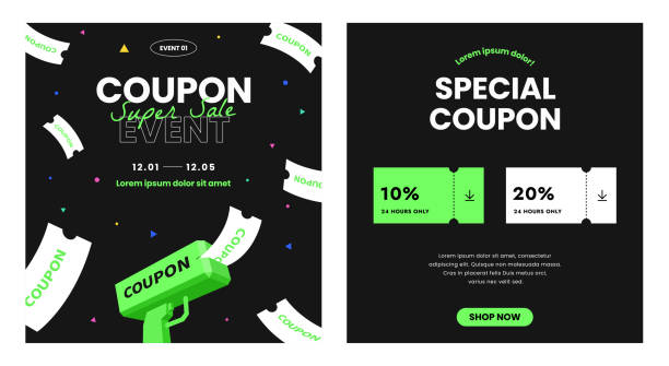 Money machine gun. Shoot the toy gun with coupon. Cash, Coupon, Paper flower. Black Friday marketing event banner. Website layout template set. Modern style. Trendy flat vector illustration. Vector design illustrations. coupon stock illustrations