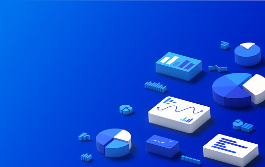 Data chart graph financial analysis and statistics abstract blue 3D background.