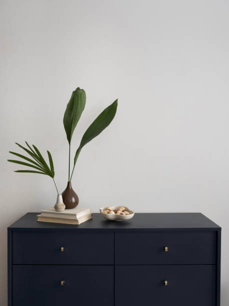istock Minimalist composition of elegant and outstanding space with copy space, elegant navy commode, green leaves in vase, books, bowl with peanuts, decoration and personal accessories. Home decor. Template. 1454373201