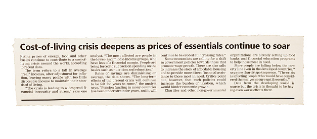 Simulated newspaper clipping featuring an article about the cost-of-living crisis. Text was written from scratch by the photographer (an experienced journalist), who also did the design, so this image is free of third-party copyright.