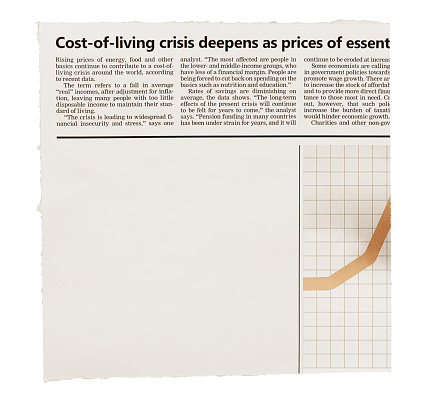 Simulated newspaper clipping with blank space for copy, featuring an article about the cost-of-living crisis. Text was written from scratch by the photographer (an experienced journalist), who also did the design, so this image is free of third-party copyright.