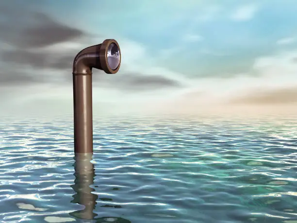Periscope emerging from a water surface. Digital illustration, 3D rendering.