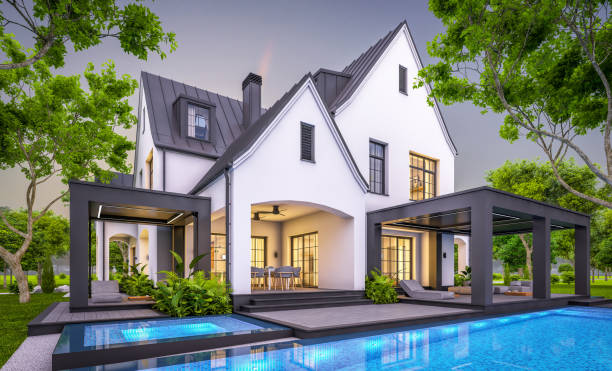 istock 3d rendering of white and black modern Tudor house in evening 1454374818