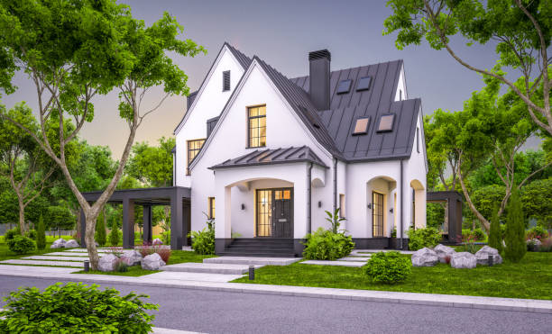 istock 3d rendering of white and black modern Tudor house in evening 1454374819