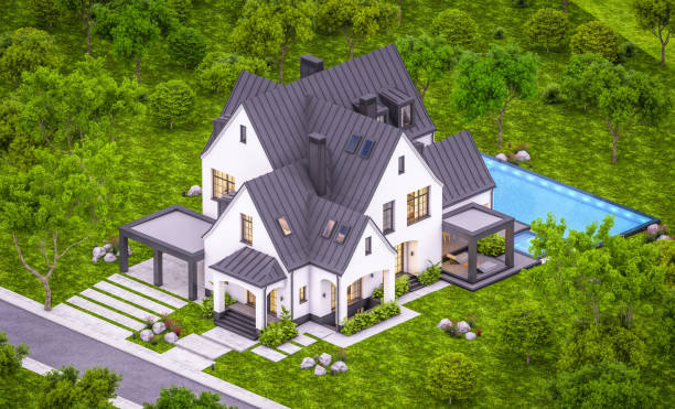 istock 3d rendering of white and black modern Tudor house in evening 1454374914