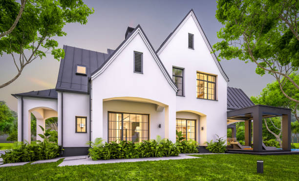 istock 3d rendering of white and black modern Tudor house in evening 1454374920
