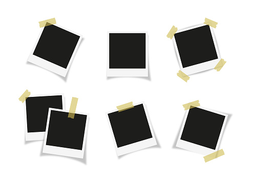 Photo frame collection with blank place with sticky tape. Polaroid vintage photographs frames with adhesive tape