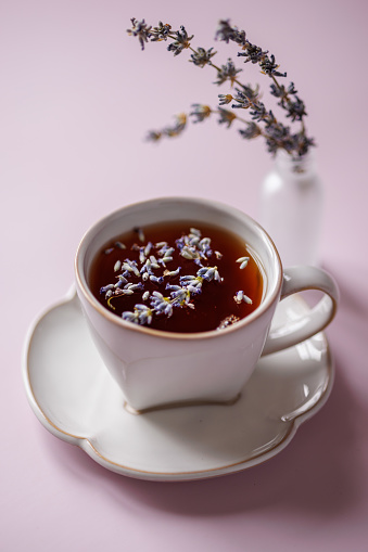 Istanbul, Turkey-January 5, 2023: Black tea with lavender in a large white ceramic cup. Shot with Canon EOS R5.
