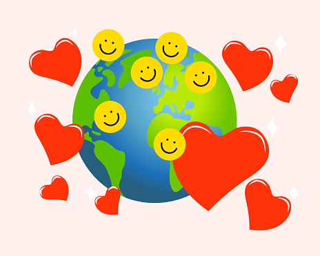 Random acts of Kindness Day. February 17. Around  Planet Earth  Smiley faces and Flying hearts. Vector Kindness Day poster illustration
