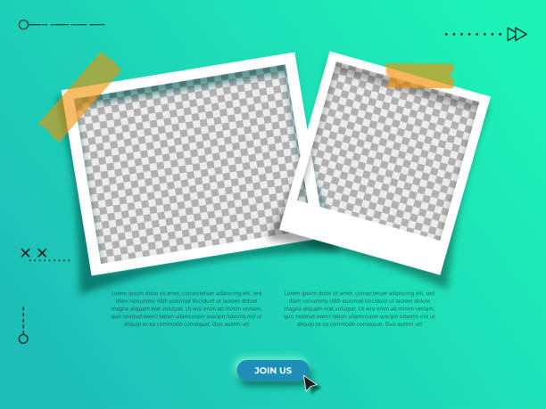끈적 끈적한 테이프가있는 사진 프레임. 디지털 마케팅 대행사 및 기업 소셜 미디어 게시물 템플릿 - frame photograph photography instant print transfer stock illustrations