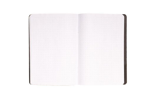 open notepad with black cover isolated on white background. High quality photo